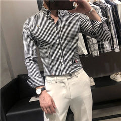 HEARUJOY  -  Stylish Men's Work Shirt Hairdresser Uniform Plaid Long Sleeve Slim Fit Autumn Fashion