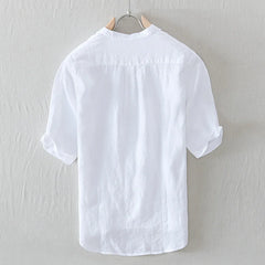 HEARUJOY  -  Summer 100% Linen Men's Solid Color Shirt Japanese Styles Stand-up Collar Half Sleeve Fresh Comfortable Classical Tops Shirt Man