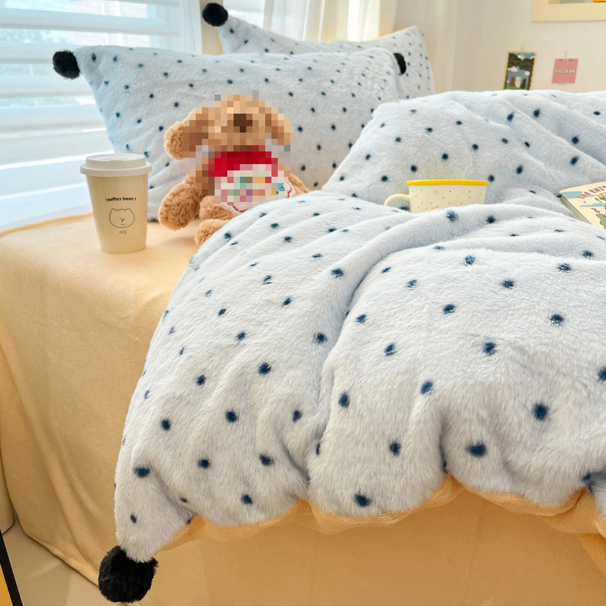 YICKYUE  -  Cartoon Wave Point Anti Rabbit Fur Bed Four Piece Set Skin Friendly and Non Irritating Home Textiles AB Double-sided Bedspreads