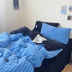 YICKYUE  -  Simple Style Bedding Set Milk Velvet Nordic Striped Duvet Cover Set+Bed Sheet Twin Queen Winter Home Bed Linens Drop Shipping