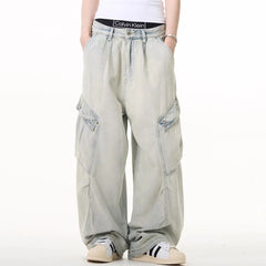 Hearujoy High Street Side Big Pockets Washed Baggy Mens and Womens Blue Jeans Pants Straight Ropa Hombre Loose Denim Trousers Oversized