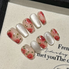 YICKYUE  -  Handmade Press on Nails Sweet Cherry Pink Blush Style Fake Nail Tips for Girl Wearable Spring Ins Fresh Korean Cute False Nails