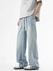 HEARUJOY  -  Summer Men's Lightweight Jeans Korean Fashion Breathable Cotton Drawstring Wide-Leg Baggy Denim Pants Straight Jean Trousers