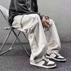Hearujoy American straight tube workwear pants for men, autumn trendy high street logging wide leg pants, ruffled and handsome, loose