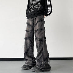 Hearujoy Striped Tassel Frayed Jeans Pants Men's Fashion Wide Leg Hip Hop Lazy Wind Jeans Couple's Vintage Loose Jeans Men Denim Trousers