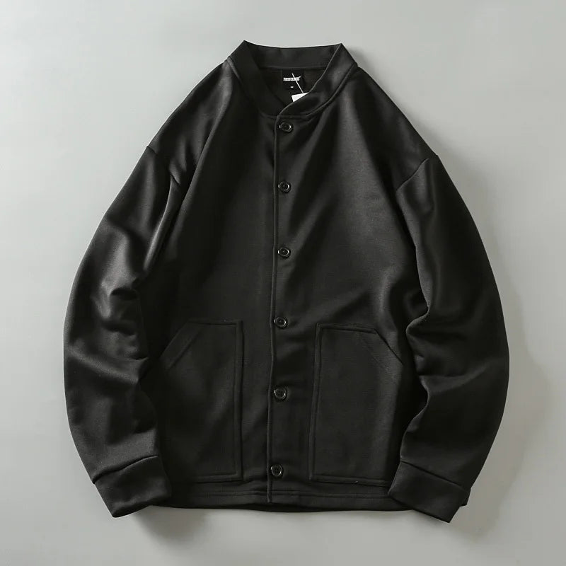 HEARUJOY  -  Autumn Men's Sold Color Bomber Jacket Double-sided Knitted Japanese Men's Sports Leisure Baseball Collar Single-breasted Jacket