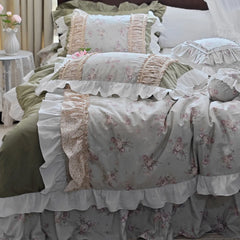 YICKYUE  -  Luxury French King Duvet Cover Set Retro Princess Style Pastoral Floral Cotton Bed Skirt Bedding Quilt Cover Bedding Set