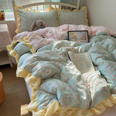 YICKYUE  -  Soft Bedding Set Duvet Cover Sheet Pillowcases Comfortable Skin-Friendly Bedroom Linen Set Floral Cute Print Home Bed Set