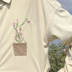 Hearujoy Mens Japanese Corduroy Floral Embroidered Long-Sleeved Shirt 2024 New Genderless Fashion Youth Trend Comfortable Shirt Unisex