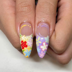 YICKYUE  -  24pcs French Graffiti Flower False Nails Almond Press On Nails Dopamine Nail Tips Women's Party Daily Long Pointed Manicure Art