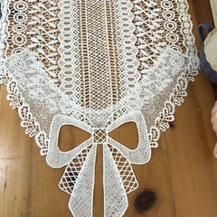 YICKYUE  -  New White bowknot Crochet Lace Table Flags Simple Artistic Bow Long Tablecloth  Desktop Decoration Hollowed Out Desk Cloth