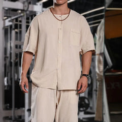 HEARUJOY  -  T Shirt Mens Gym Daily  Simple Pocket Button Five Point Sleeve Shirt Sports Outdoor Breathable Linen Easy Fit Casual Top Summer