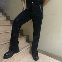 Hearujoy Street Y2K Pants American Retro Faux Leather Pants Men's Punk Rivet Design Trousers Trend High Waist Loose Gloss Straight Pants