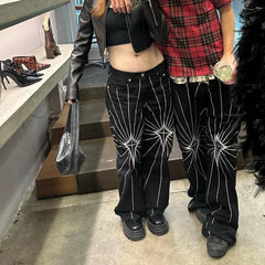 Hearujoy Streetwear Spider Web Embrodiery Black Jeans for Men and Women Straight Ropa Hombre Baggy Denim Trousers Loose Cargo pants