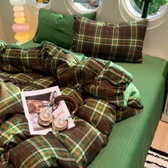 YICKYUE  -  3/4PCS Retro Green Grid Bedding Set Stripes Duvet Cover Set Sheet Set Comfortable for Home Bedroom Decor New Year Christmas Gift