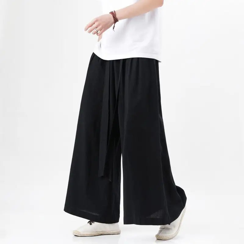 HEARUJOY  -  Chinese Style Harajuku Linen Cotton Linen Pants Man Japanese Kimono Pants Male Streetwear Summer Retro Wide-Leg Trousers