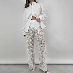 HEARUJOY  -  Women's Lace See Through Pants High Waisted Straight Leg Pants Sheer Streetwear Summer Casual Stitching Trousers