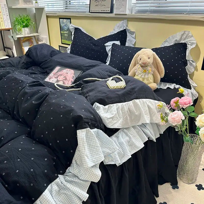YICKYUE  -  Korean Bedding Set Luxury Quilt Cover Pillowcase Flat Bed Sheet Skirt Fitted Sheet Girl Princess Ruffle Home Textile Christmas