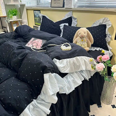 YICKYUE  -  Korean Bedding Set Luxury Quilt Cover Pillowcase Flat Bed Sheet Skirt Fitted Sheet Girl Princess Ruffle Home Textile Christmas