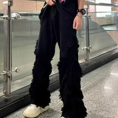 Hearujoy Raw edge white jeans couple American style high street vibe structure design straight high-end fashion loose retro long trousers