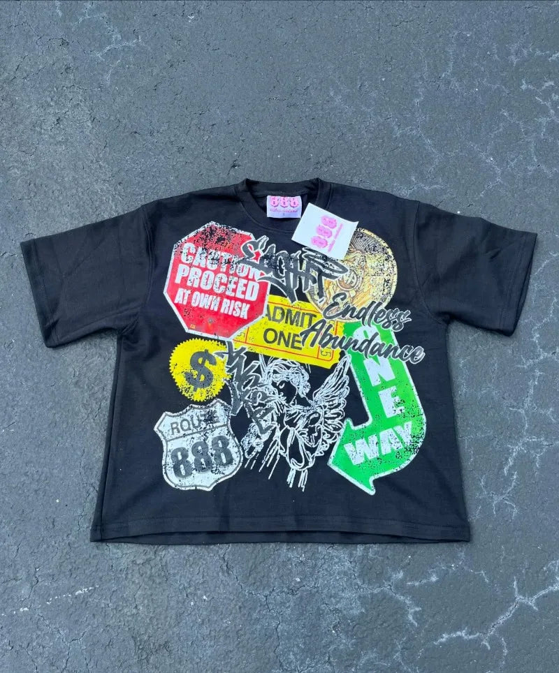 Hearujoy Europe and The United States High Street Fashion Printed Short Sleeve T-shirt Men Y2k New Round Neck Pure Cotton Loose Shirt