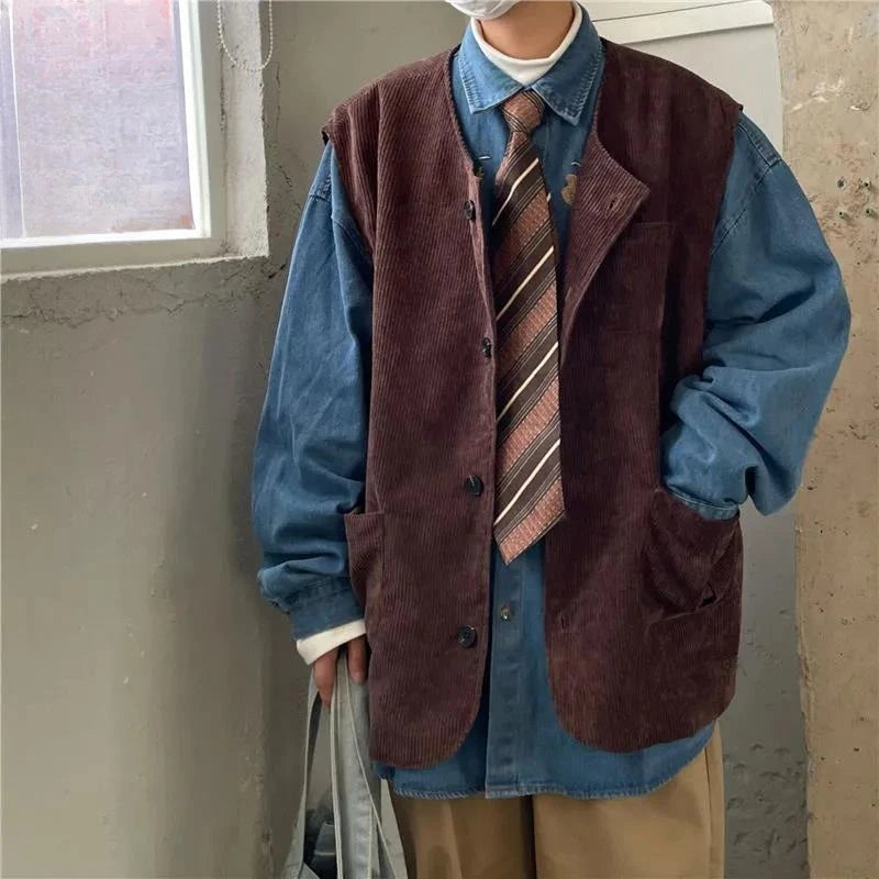 HEARUJOY  -  Spring Autumn Retro Japanese Corduroy Vest for Men Collarless Versatile Casual Jacket Trendy Layering Outerwear