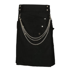 Hearujoy Summer Fashion Utility Kilt with Silver Chains Black Skirt Men's Scottish Festival Skirts Punk Rock Metal Pendant Pleated Skirt