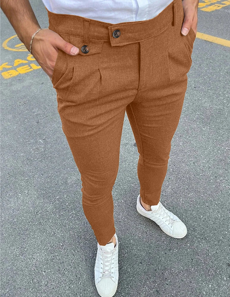HEARUJOY  -  Spring Summer Fashion Vintage Pencil Pants Men Button Waist Design Business Casual Trousers Fake Pocket Slim fit Suit Pant