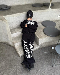 Hearujoy Hip Hop Letter Print Oversized Zip Up Hoodie Sweatpants Two Piece Set Y2K Clothes Tracksuit Men Casual Pants Tops Men Clothing