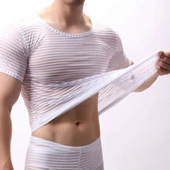 Hearujoy Mens Sexy Mesh See-Through Striped T-Shirt 2024 New Nightclub Fashion Personality Stretch Breathable Home Casual Top For Men