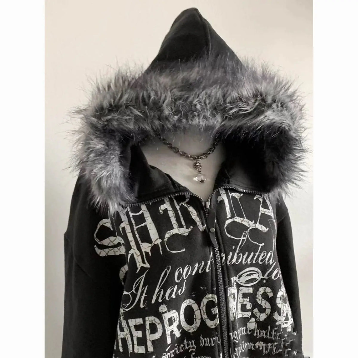Hearujoy Gothic Retro Y2K Letter Pattern Black Plush Collar Zipper Hoodie Women's Autumn and Winter Warm 2000s Harajuku Cardigan Jacket