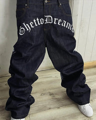 Hearujoy Goth Graphic Letter Embroidered Jeans Y2K Harajuku Hip Hop Vintage Baggy Jeans Mens Womens High Waist Straight Wide Trousers