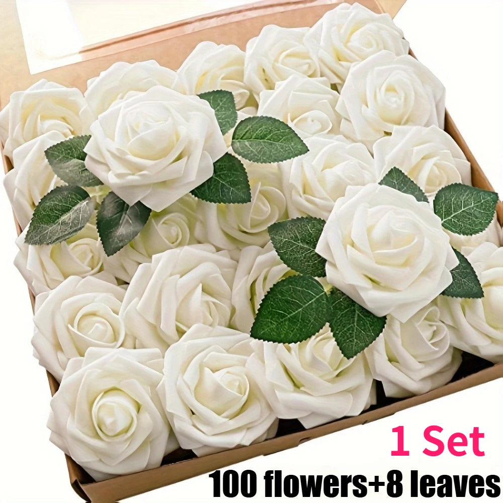 YICKYUE  -  100pcs Delicate Artificial Roses with Stems Foam PE Roses Realistic Appearance DIY Wedding Bouquet Decoration Flowers Art Decor