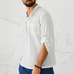 HEARUJOY  -  Retro Shirts Mens 100% Cotton Linen Long Sleeve Stand Collar Casual Loose Button Pullover Spring Summer Fashion Vintage Top Male
