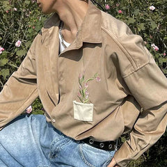 Hearujoy Mens Japanese Corduroy Floral Embroidered Long-Sleeved Shirt 2024 New Genderless Fashion Youth Trend Comfortable Shirt Unisex