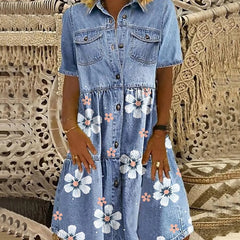 HEARUJOY  -  Women Elegant Turn-Down Collar Denim Dress Spring Floral Print Button Shirt Dress Summer Short Sleeve A-Line Party Dress Vestido