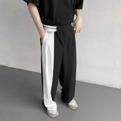 Hearujoy Fashion Trend Black White Solid Color Asymmetrical Elastic Waist High Casual Full Length Pants Straight Loose Men's Clothing
