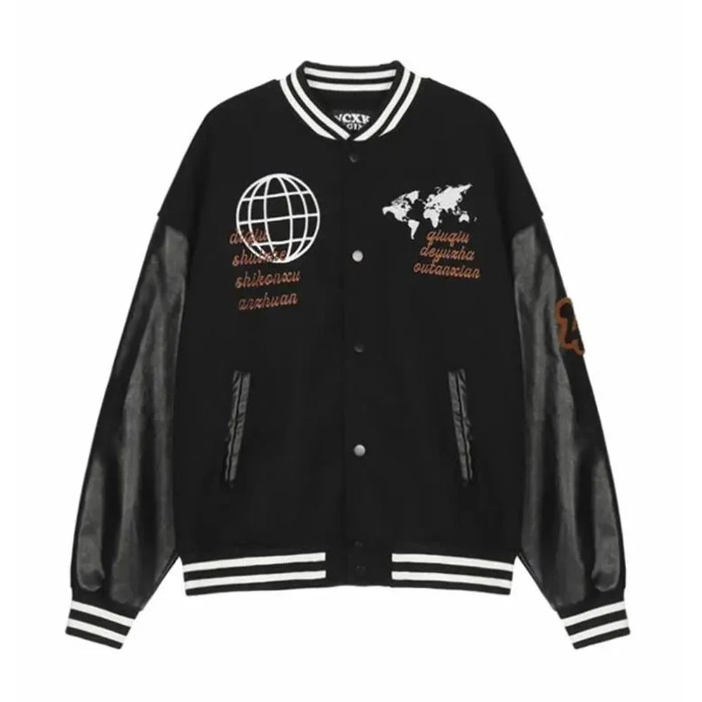 Hearujoy Autumn And Winter American Retro Baseball Jacket Men Letter Globe Embroidered Patchwork Casual Leather Sleeve Pilot Loose Jacket