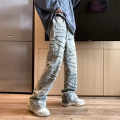 HEARUJOY  -  Y2K Streetwear Washed Blue Baggy Stacked Jeans Pants For Men Clothing Straight Old Hip Hop Denim Trousers Pantalones Hombre