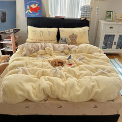 YICKYUE  -  Winter new soft rabbit fleece four-piece set three-dimensional bow thickened warm milk fleece duvet cover dormitory