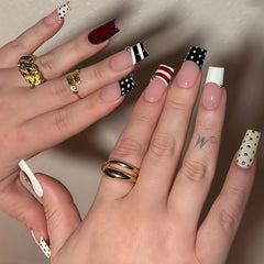 YICKYUE  -  24pcs Charming French False Nails Press On Nails Trendy Y2k Fake Nails Women's Polka Dot Stripe Gold Bead Manicure Nails Art