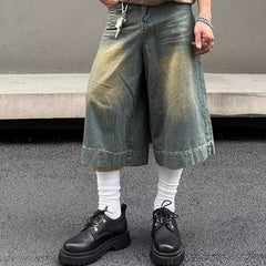 HEARUJOY  -  Summer Trend Denim Cropped Trousers Mens American Hip Hop Washed Wide Leg Shorts Unisex  High Street Straight Cowboy Mid Pants
