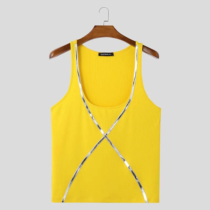 HEARUJOY  -  Men Tank Tops Shiny Patchwork U-neck Sleeveless Sexy Male Vests Streetwear Summer Fashion Skinny Men Clothing S-5XL