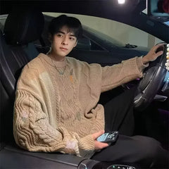 HEARUJOY  -  Retro Japanese Style Knitted Sweater for Men with Braided Design And Embroidery Oversize Lazy Style New Autumn Winter Collection