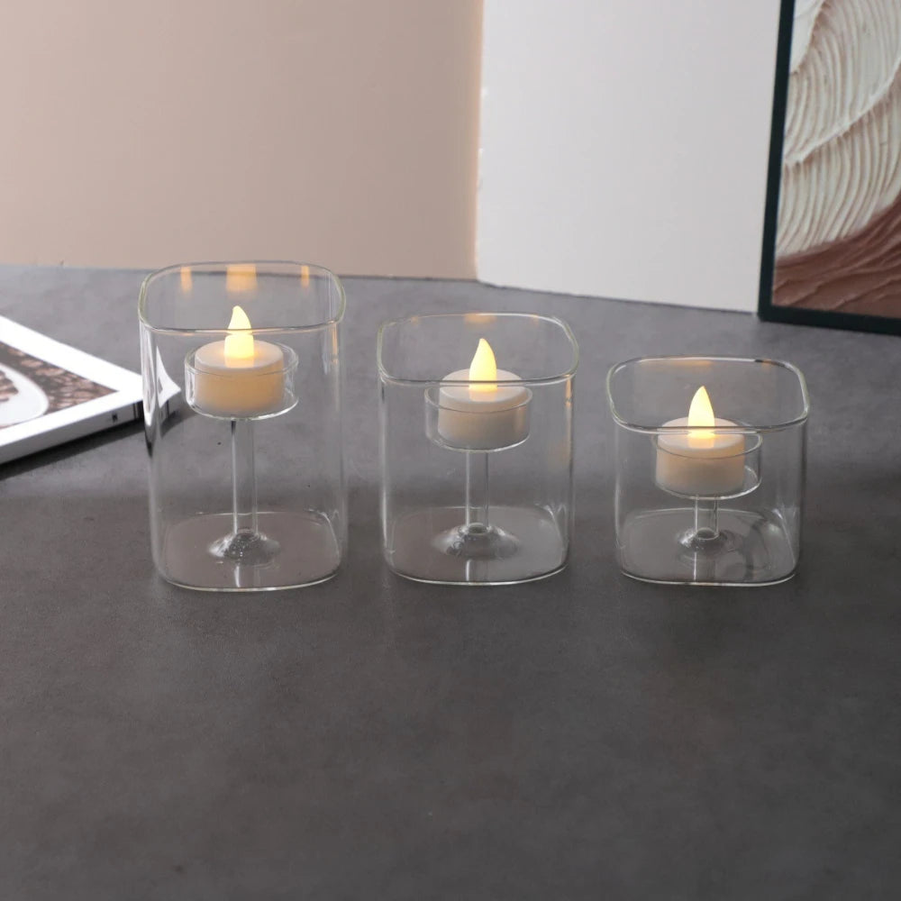 YICKYUE  -  3Pcs European-style Transparent Glass Candle Holder Romantic Windproof Candlestick Candlelight Dinner Wedding Party Decoration