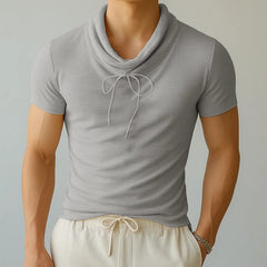 HEARUJOY  -  Men T Shirt Solid Color Drawstring Turtleneck Short Sleeve Male Tee Tops Streetwear Summer Fashion Men Clothing