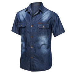HEARUJOY  -  Vintage Street Denim Shirts For Men Male Summer Solid Shirt Short Sleeve Pocket Turn Down Button Shirt Hemden FüR MäNner