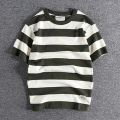 HEARUJOY  -  Summer Casual Stripe Short Sleeve T Shirt Streetwear American Styles Heavyweight Men's Cotton Loose Half Sleeve Tops Tee