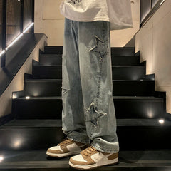Hearujoy Star Embroidery Straight Casual Men Jeans Gothic Neutral New Wide Leg Loose Hip-hop Fashion Youth Streetwear Denim Trousers Y2K
