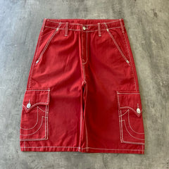 Hearujoy Y2K New Line Embroidered Red Denim Mid Pants American Retro Gothic Jeans Men Street Hip Hop Harajuku Punk Loose Wide Legs Shorts